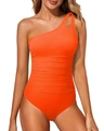 Detail of bright orange one-shoulder swimsuit with side cutout and flattering ruched texture - S / Orange