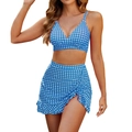 Bikini due pezzi a quadretti blu e bianchi con top a V e gonna a vita alta con coulisse - Taglia S / Top E Pantaloni / Celeste