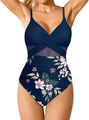 Maillot de bain une pièce bleu marine avec imprimé fleuri et détails en mesh transparent - Bleu Marine Floral