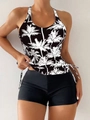 Zweiteiliger Tankini-Set mit Kokosnuss-Print Oberteil, Kordelzug und High-Waist Badeshorts - S / Schwarz