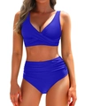 Two-piece royal blue high waisted bikini with wrap v-neck top and ruched bottoms - S / Blue