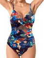 Maillot de bain une pièce tropical avec col en V croisé et détails en maille à la taille - Motif floral