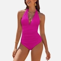 Sexy rose red halter neck one-piece swimsuit with deep V-neck and ruched tummy control - S / Rose Red