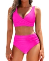 Vibrant rose pink cross-front bikini set with high-waisted bottoms for a sleek fit - S / Rose Red