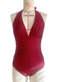 Sexy deep V-neck one-piece swimsuit in wine red with flattering pleated waist details - S / Burgundy