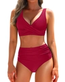 Deep red wrap cross high waist bikini set with pleated tummy control swim bottom - S / Red