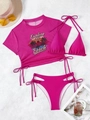 Ensemble bikini 3 pièces rose fuchsia avec crop top et imprimé graphique de plage - Rose rouge
