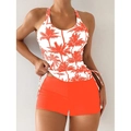 Zweiteiliger Tankini mit Palmenmuster-Oberteil und orangefarbenen Badeshorts für Damen - S / Orange