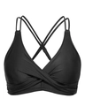 Chic black bikini top featuring criss-cross back straps and ruched front design - S / Black