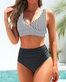 Two-piece high waisted bikini set with black and white vertical stripes and crossover top - Black & White Stripes