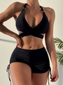 Bikini sportivo nero a due pezzi con top allacciato al collo e pantaloncini a vita alta - Taglia S / Nero