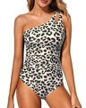 One-shoulder leopard print swimsuit with cutout detail and slimming waist pleats - Leopard Print