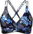 Cross-back bikini top with blue floral and paisley print on classic black fabric - Printing