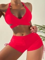 Red two-piece swimsuit with halter neck gold rings and side-tie high-waisted shorts - S / Red