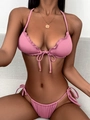 Pink ribbed bikini set with ruffled edges and side-tie strings for women - S / Pink