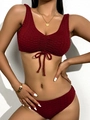 Burgundy ribbed bikini set with drawstring ruched detail and high-waist textured bottom - S / Dark Red