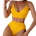 Two-piece ribbed yellow high waisted bikini set with v-neck spaghetti straps - S / Top And Bottom / Orange