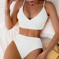 White ribbed bikini set with high-waisted bottoms and dainty spaghetti straps - S / White