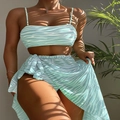 Three-piece bikini set with light blue wave print including top, bottom and mesh sarong - Light Blue