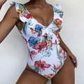 Women floral one piece swimsuit with tropical print deep v-neck and ruffle details - M / White
