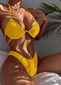 Bright yellow halter bikini set with U-shaped wire and textured seersucker fabric - S / Orange Yellow
