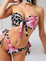 Sexy leopard and pink floral print two-piece bandeau bikini set with side-tie bottoms - S / Printing