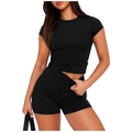 Close-up of black slim-fit round neck T-shirt and high-waisted biker shorts set - S / Top And Bottom / Black