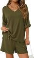 Detail of olive green ribbed fabric texture on loose-fit V-neck short sleeve top - Army Green