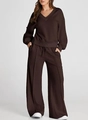 Detail of coffee brown V-neck knit sweater and drawstring wide-leg pants for autumn - Brown