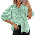 Gestreept damesoverhemd in groen en wit met oversized pofmouwen en een borstzakje - S / Groen