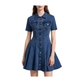 Vestido corto de mezclilla azul oscuro de manga corta con cuello de solapa y botones - S / Azul oscuro