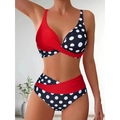 Bikini a vita alta rosso a pois con top incrociato a portafoglio per il mare - S / Rosso Nero Pois
