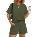 Detail of olive green two-piece set with roll-up sleeves and drawstring waist shorts - S / Top And Bottom / Army Green