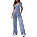 Women's dusty blue v-neck short sleeve top and wide leg drawstring pants set - Sky Blue
