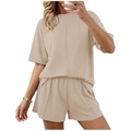 Completo beige minimalista a due pezzi con t-shirt oversize e pantaloncini con elastico - Taglia S / Top E Pantaloni / Albicocca