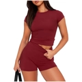 Detail view of burgundy slim-fit short sleeve T-shirt and high-waist shorts set - Burgundy