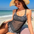 Three-piece bikini set with retro paisley floral print and black mesh cover-up top - S / Colorful Floral