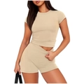 Detail view of khaki slim fit ribbed two-piece set showing knit texture and stitching - S / Top And Bottom / Apricot