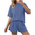 Completo estivo da donna 2 pezzi con top a maniche corte e pantaloncini elastici blu-grigio - Taglia S / Top E Pantaloni / Blu grigiastro