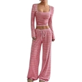 Women's red and white striped knit lounge set with crop top and wide-leg pants - Red