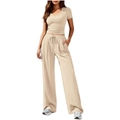 Chic beige two-piece lounge set with V-neck short sleeve top and wide-leg drawstring pants - Apricot