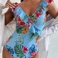 Light blue floral one-piece swimsuit with V-neck ruffles and tropical print - Blue