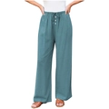 Détail du pantalon large sarcelle à taille haute avec cordon et boutons décoratifs - S / Bleu sarcelle
