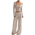 Women's two-piece striped loungewear set with square neck crop top and wide leg pants - Khaki