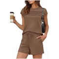 Macro detail of dark brown pleated knit fabric and drawstring waistband on casual shorts - Dark Brown