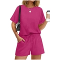 Ensemble décontracté deux pièces rose pour femme avec t-shirt manches courtes et short à cordon - Rose rouge