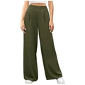 Women's dark olive high-waist wide-leg trousers in pleated textured flowing fabric - Army Green