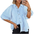 Chemise rayée bleue pour femme avec manches bouffantes et poche sur le devant - Bleu ciel