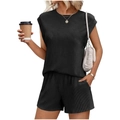 Women's black 2-piece lounge set with rib-knit sleeveless top and matching elastic shorts - S / Top And Bottom / Black