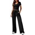 Women's black V-neck short sleeve top and high-waisted wide-leg pants two-piece set - Black
